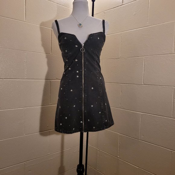 Black Denim Star Studded A Line Moto Mini Dress - Picture 6 of 7